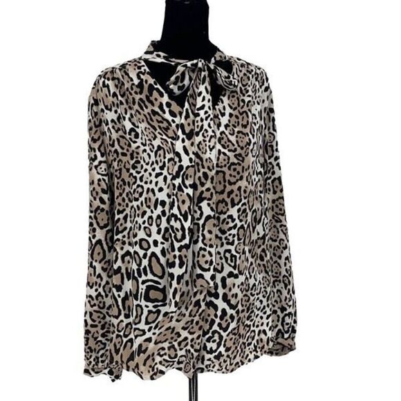 Chico's Womens Animal Print Button Front Tie Neck Long Sleeve Blouse Tan Black 3 - Picture 1 of 10